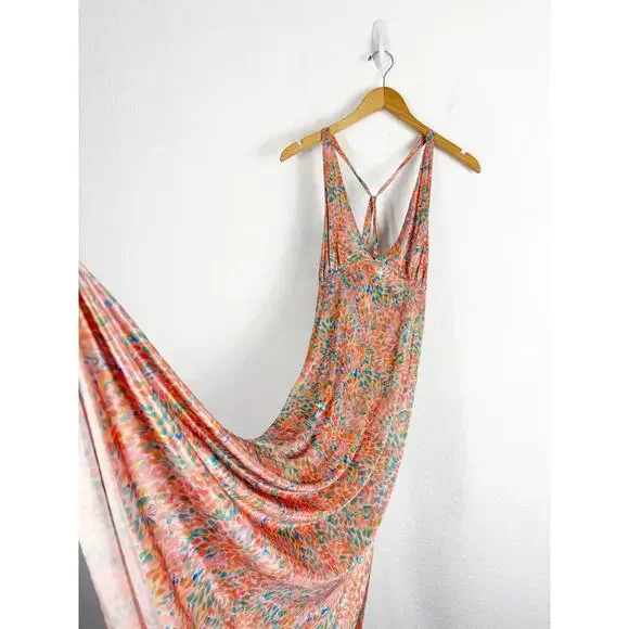 Free People Nowhere To Be Slip Dress Medium Midi Coral Floral Stretch Satin - Picture 11 of 14